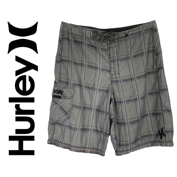 Vintage Y2K Hurley Sz M Gray Windowpane Plaid Board Shorts Swim Surf Skater - Picture 1 of 7